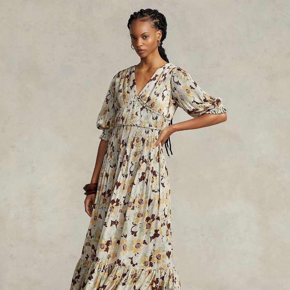 NWT $698 Polo Ralph Lauren Floral Pleated Satin Dress Spring Buttercup Size 4